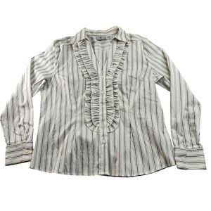 Worthington Blouse Top Womens XL White Black Striped Stretch Ruffle Button Front